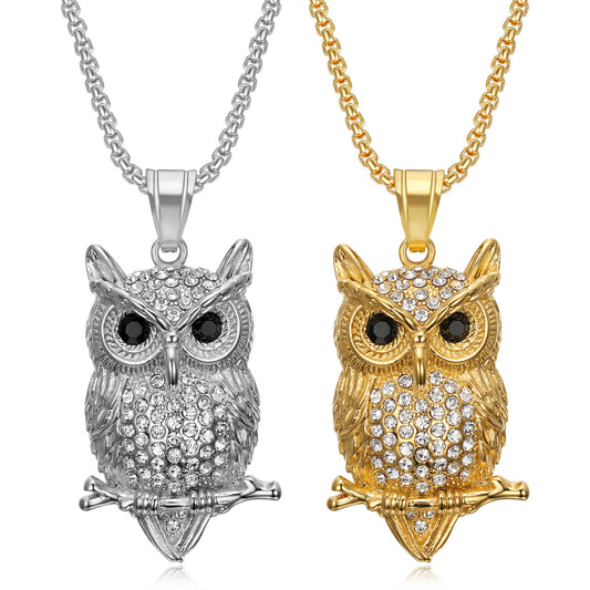 Titanium steel gold-plated diamond owl pendant necklace