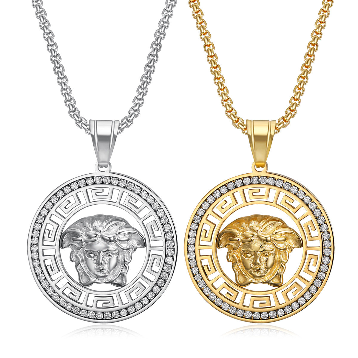 Titanium steel gold-plated micro-inlaid zircon hollow Greek mythology pendant