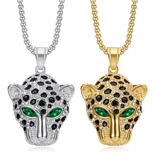 Titanium steel gold-plated diamond red and green eye leopard head pendant necklace