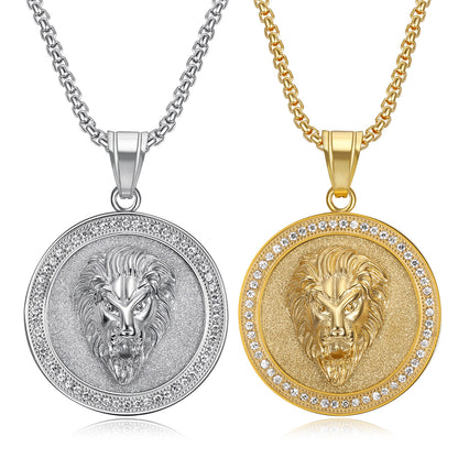 Titanium steel gold-plated diamond lion head round pendant