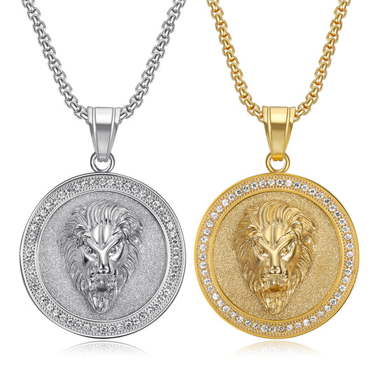 Titanium steel gold-plated diamond lion head round pendant