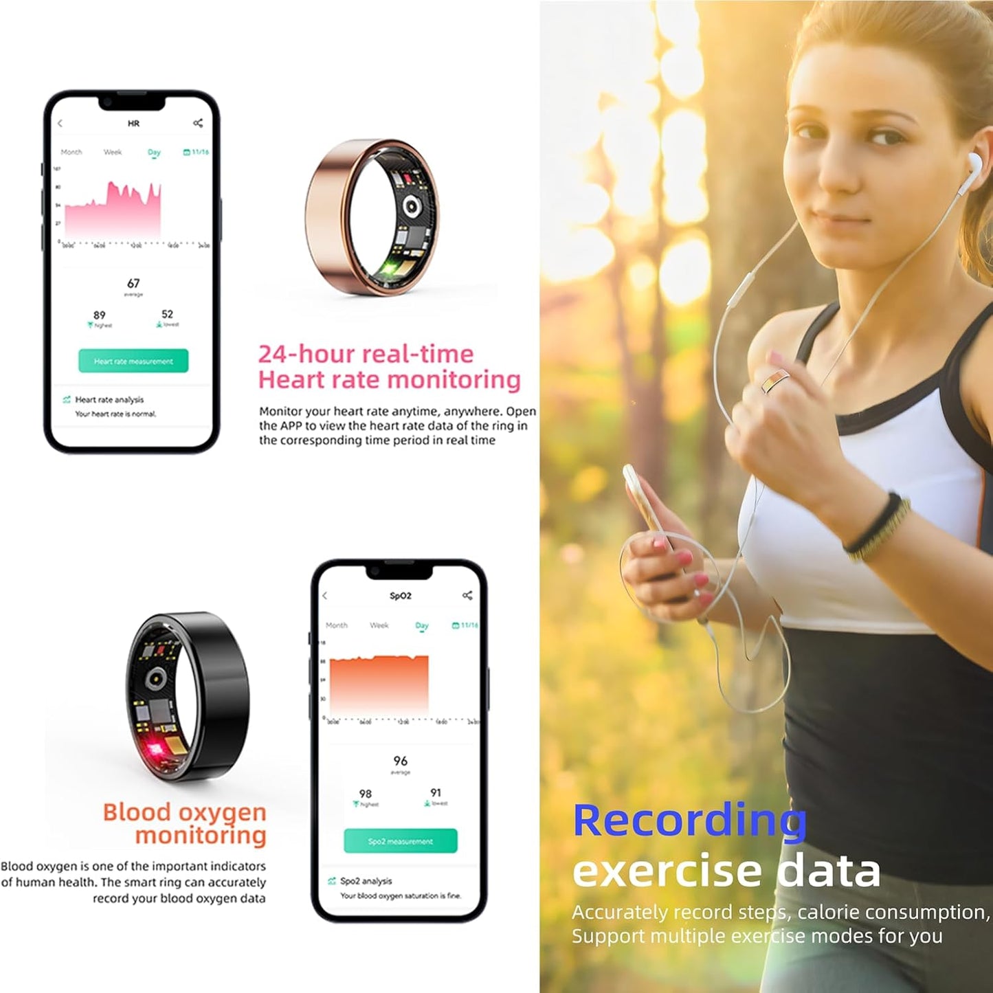 Smart Ring, Heart Rate/Sleep/Blood Oxygen Monitoring, Step Count, Wearable Fitness Tracker,TIKTOK Remote Control Page Turner, Bluetooth Connected, IP68 Waterproof