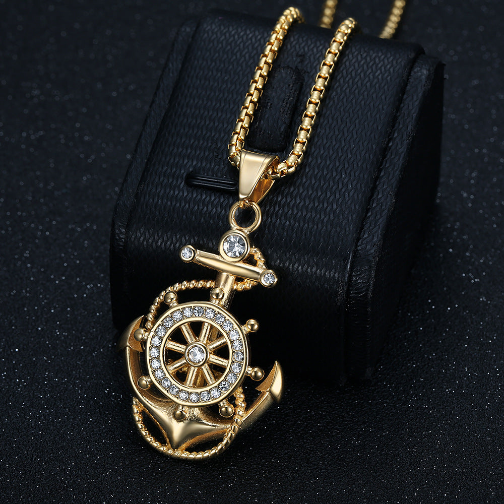Titanium steel vacuum-plated gold-plated diamond anchor pendant necklace
