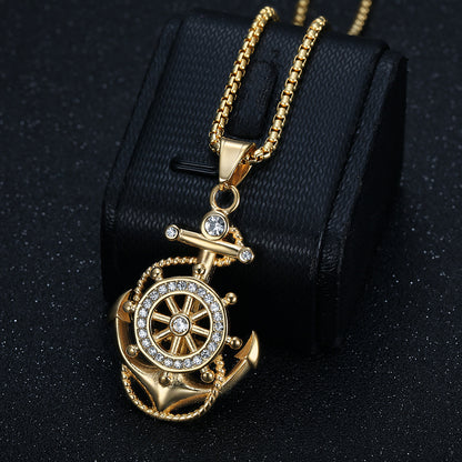 Titanium steel vacuum-plated gold-plated diamond anchor pendant necklace