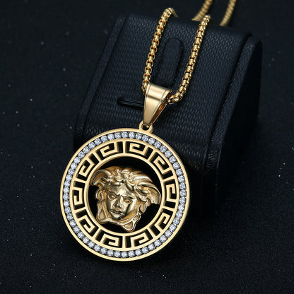 Titanium steel gold-plated micro-inlaid zircon hollow Greek mythology pendant