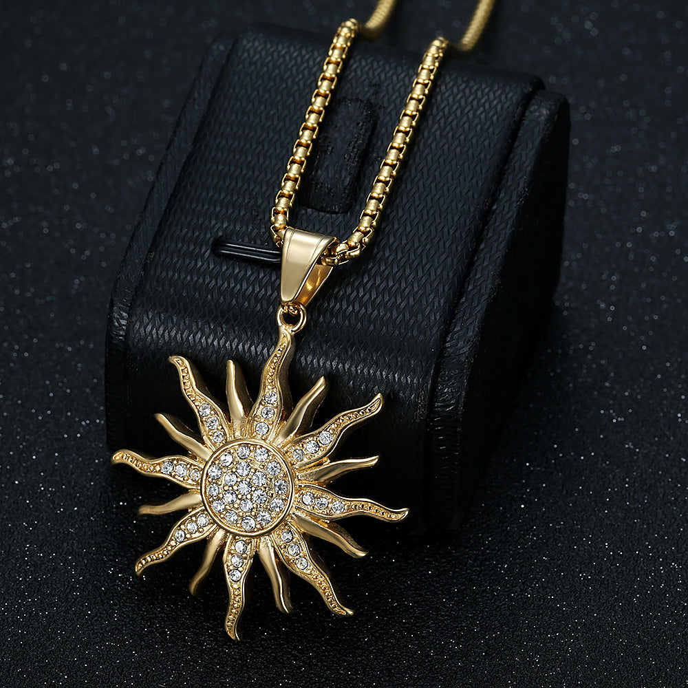 Titanium steel gold-plated diamond sunflower pendant necklace
