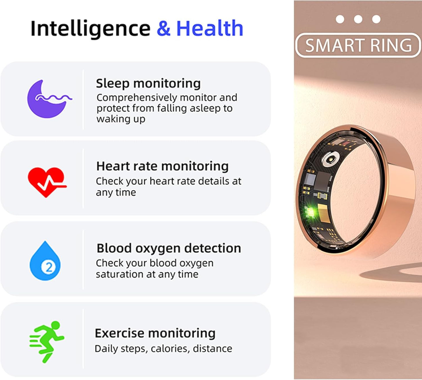 Smart Ring, Heart Rate/Sleep/Blood Oxygen Monitoring, Step Count, Wearable Fitness Tracker,TIKTOK Remote Control Page Turner, Bluetooth Connected, IP68 Waterproof