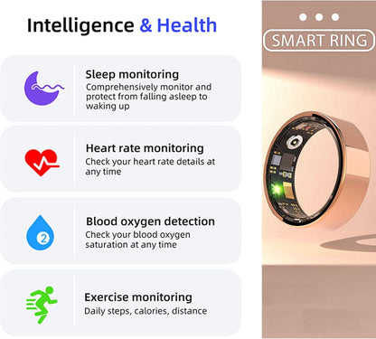 Smart Ring, Heart Rate/Sleep/Blood Oxygen Monitoring, Step Count, Wearable Fitness Tracker,TIKTOK Remote Control Page Turner, Bluetooth Connected, IP68 Waterproof