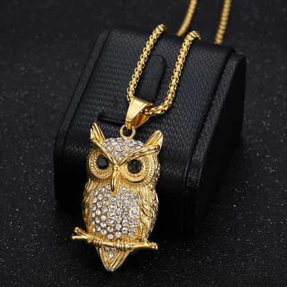 Titanium steel gold-plated diamond owl pendant necklace