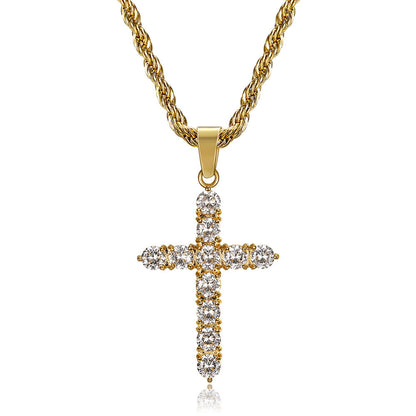 Titanium steel gold-plated zircon cross pendant necklace