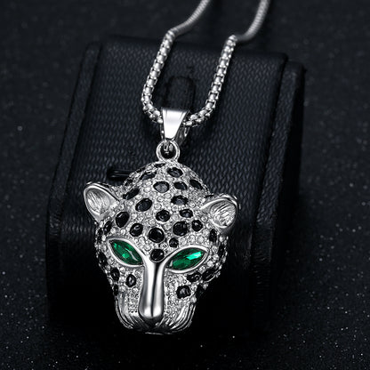 Titanium steel gold-plated diamond red and green eye leopard head pendant necklace