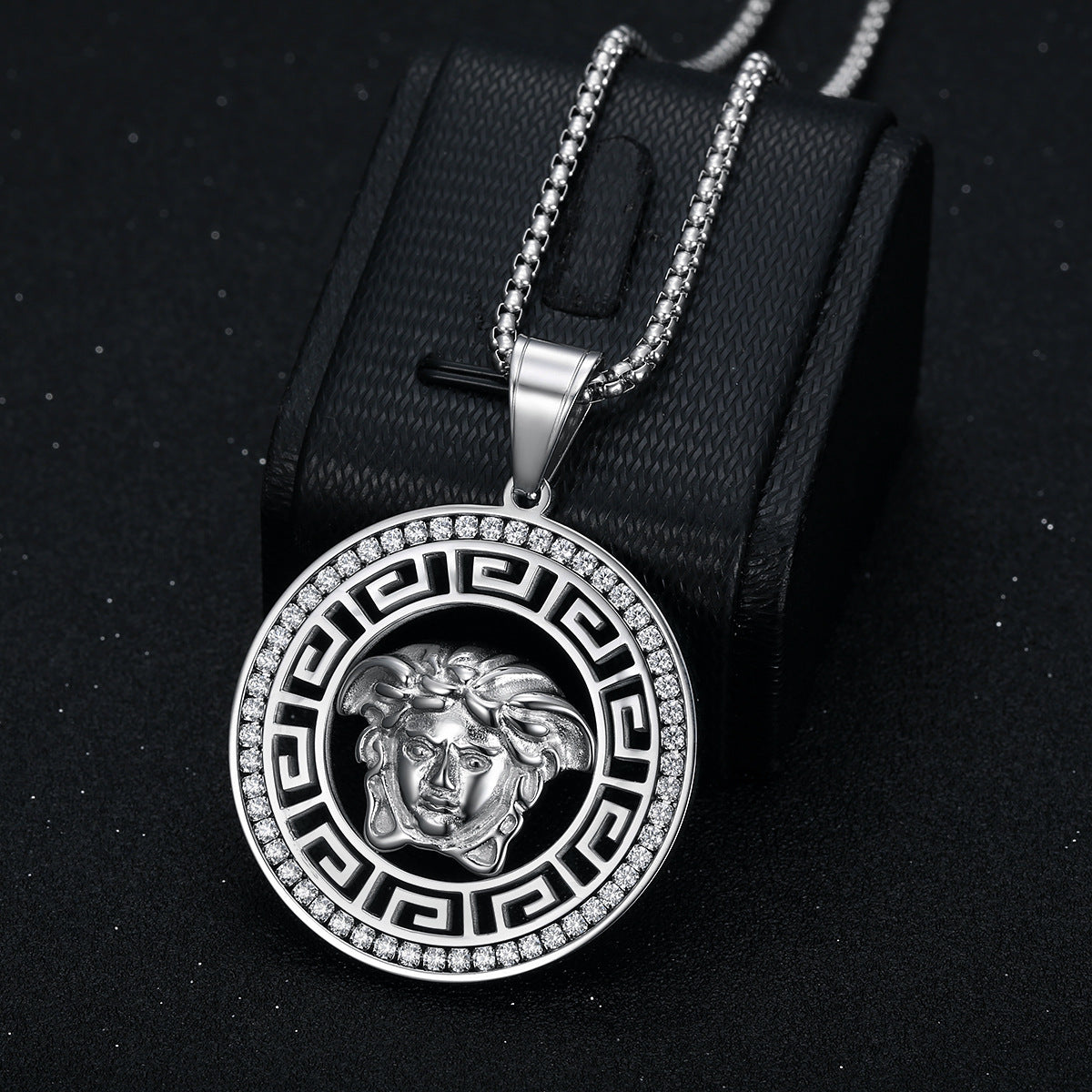 Titanium steel gold-plated micro-inlaid zircon hollow Greek mythology pendant