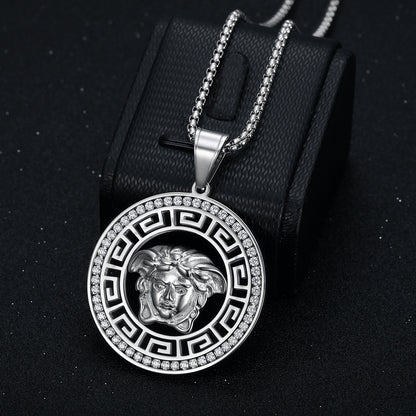 Titanium steel gold-plated micro-inlaid zircon hollow Greek mythology pendant