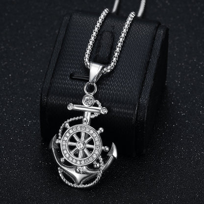 Titanium steel vacuum-plated gold-plated diamond anchor pendant necklace