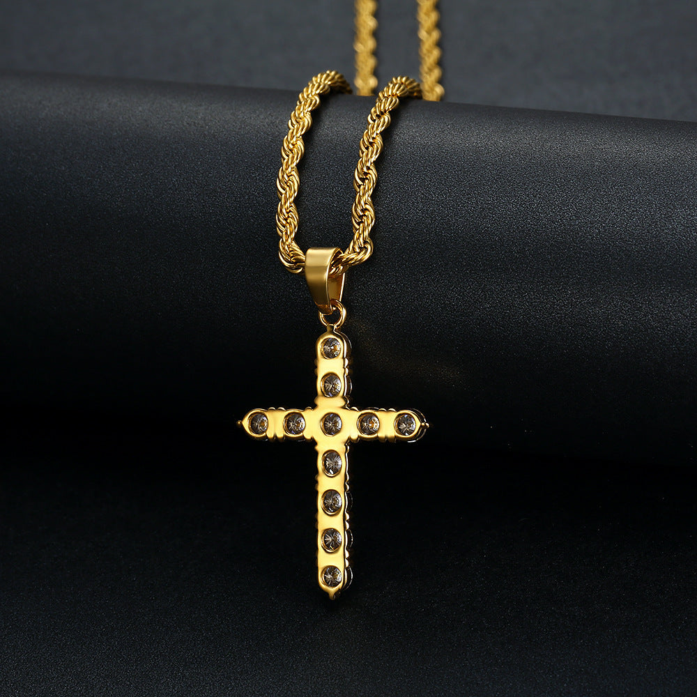 Titanium steel gold-plated zircon cross pendant necklace