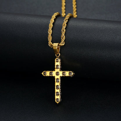 Titanium steel gold-plated zircon cross pendant necklace