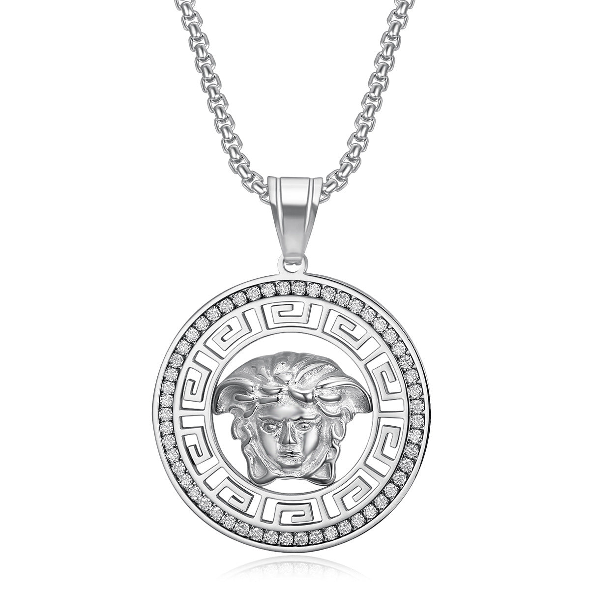 Titanium steel gold-plated micro-inlaid zircon hollow Greek mythology pendant