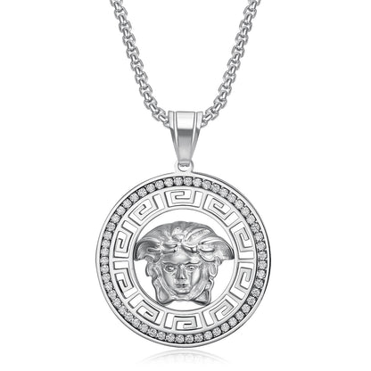 Titanium steel gold-plated micro-inlaid zircon hollow Greek mythology pendant