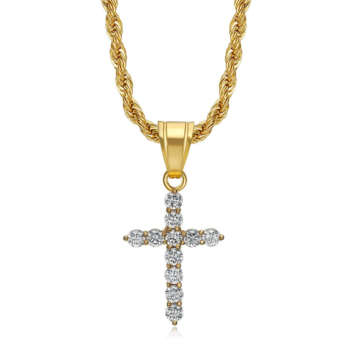 Titanium steel gold-plated zircon cross pendant necklace
