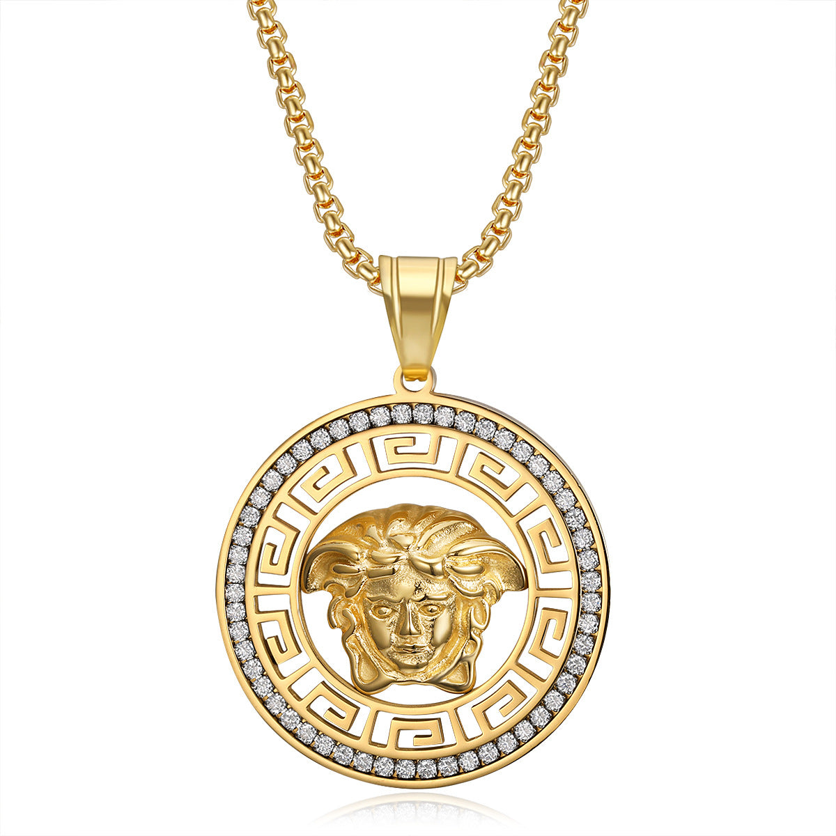Titanium steel gold-plated micro-inlaid zircon hollow Greek mythology pendant