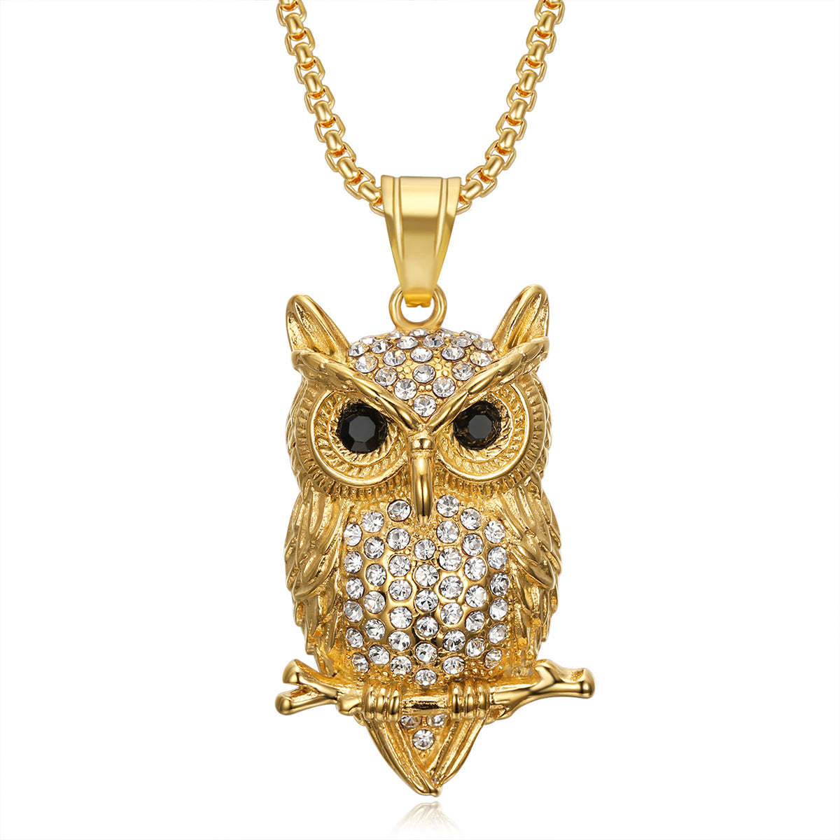 Titanium steel gold-plated diamond owl pendant necklace