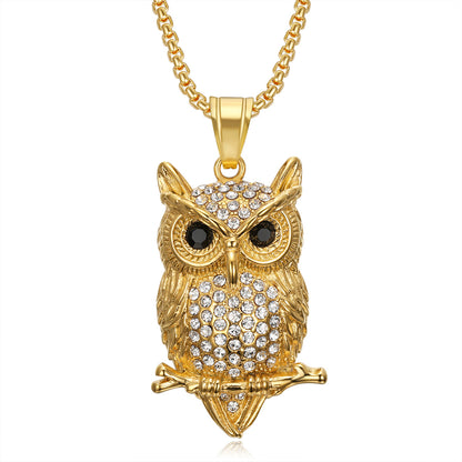 Titanium steel gold-plated diamond owl pendant necklace