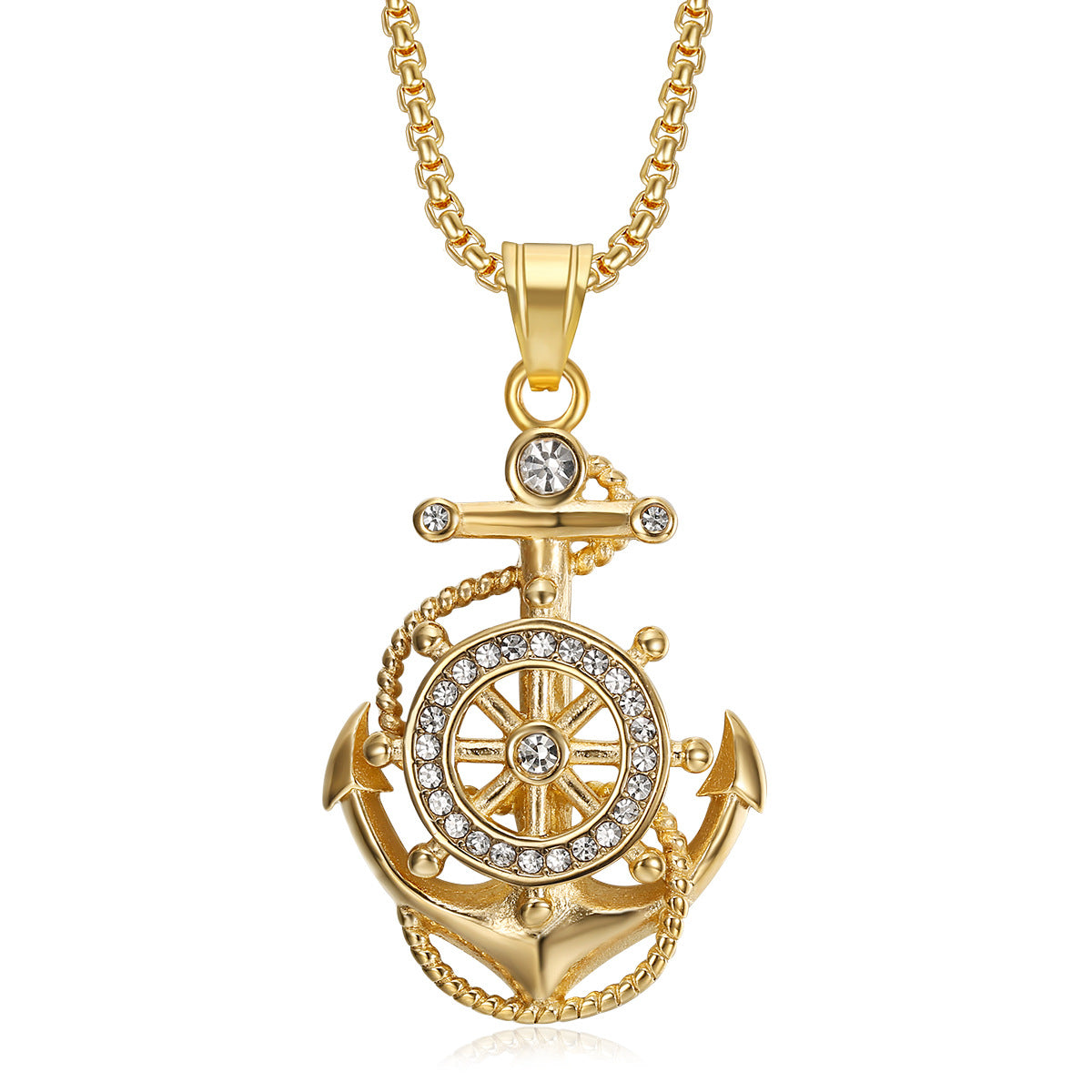 Titanium steel vacuum-plated gold-plated diamond anchor pendant necklace