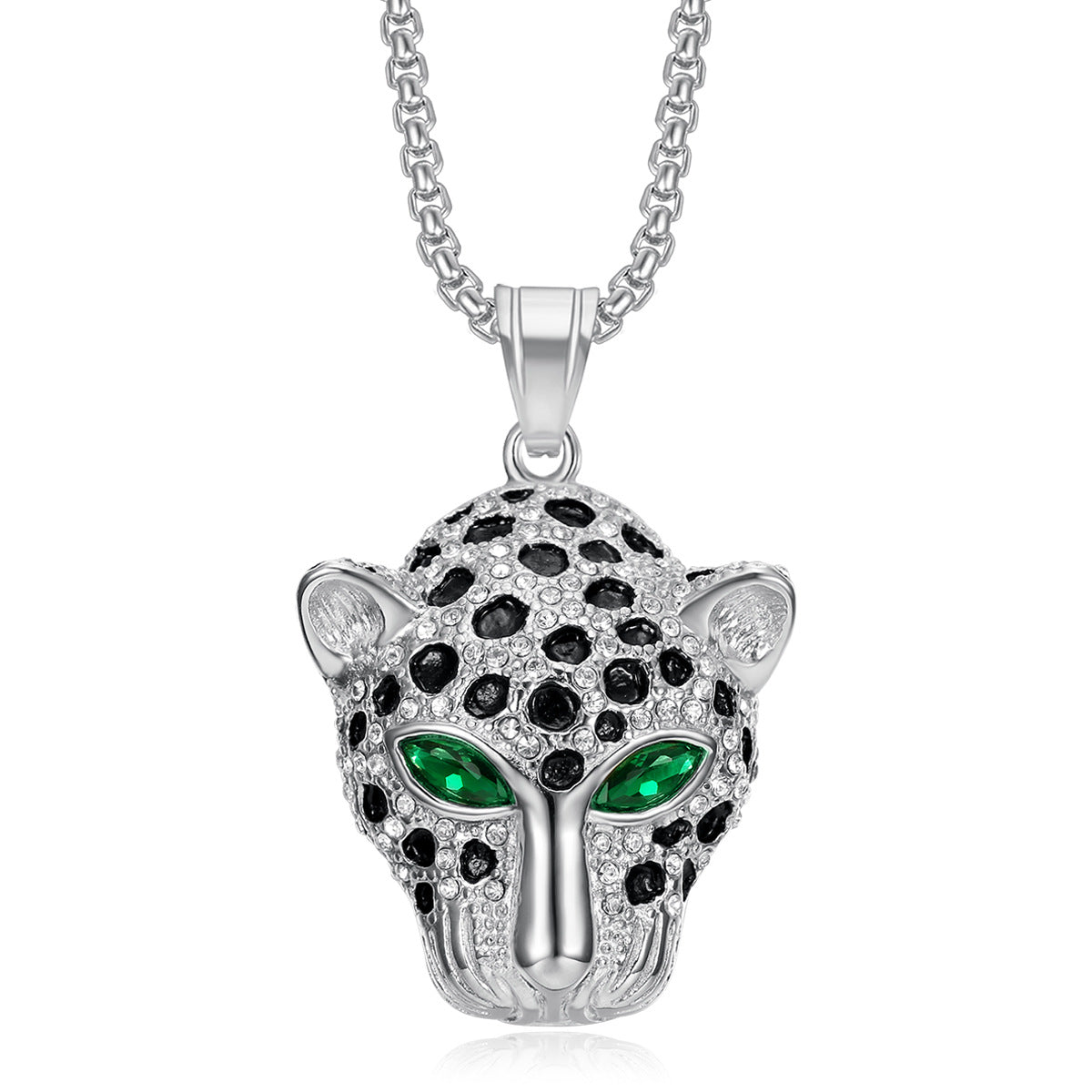 Titanium steel gold-plated diamond red and green eye leopard head pendant necklace