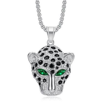 Titanium steel gold-plated diamond red and green eye leopard head pendant necklace