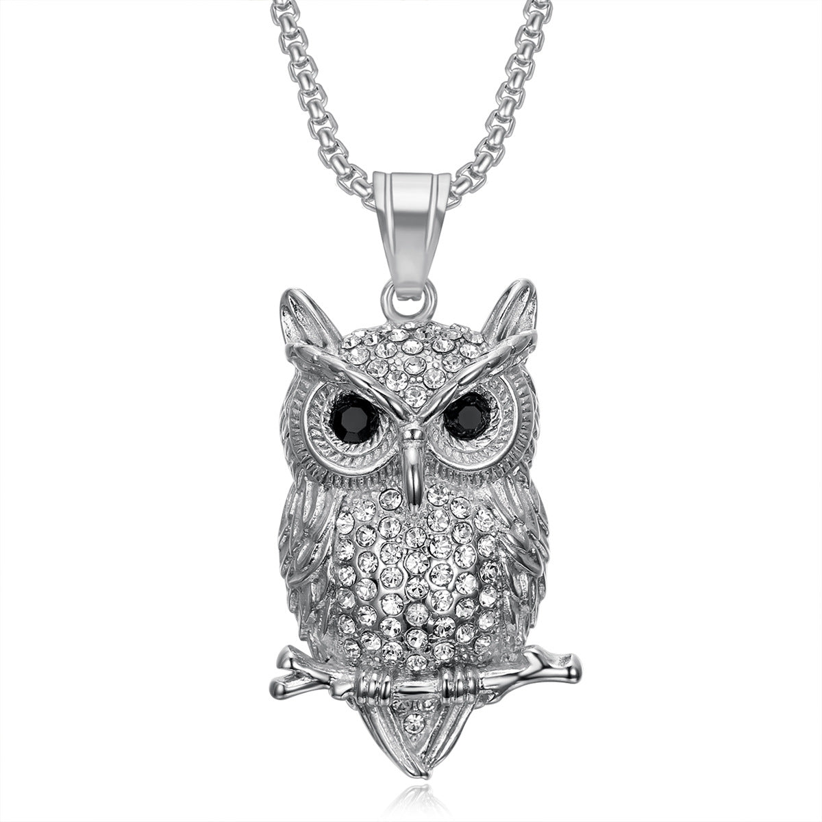Titanium steel gold-plated diamond owl pendant necklace