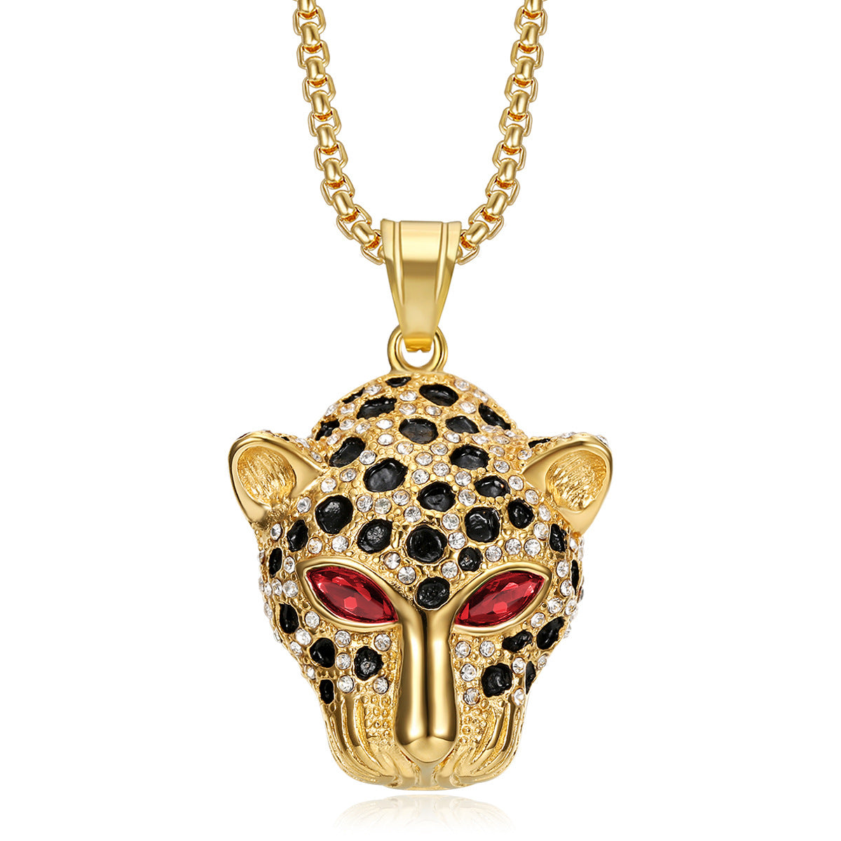 Titanium steel gold-plated diamond red and green eye leopard head pendant necklace