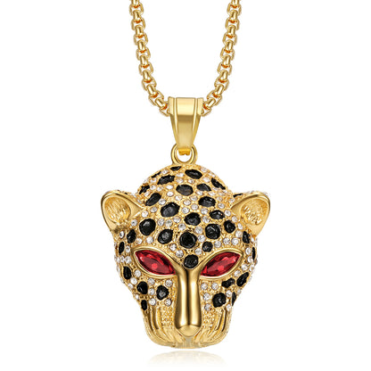 Titanium steel gold-plated diamond red and green eye leopard head pendant necklace